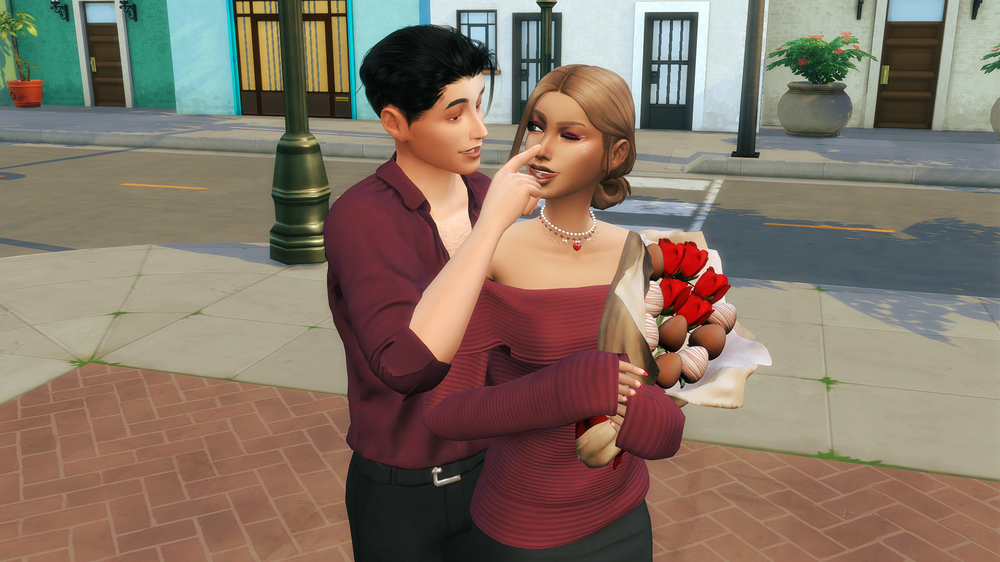 Evan touche le bout du nez d’Anaïs, qui sourit, son collier de perles à cœur rouge au cou et son bouquet dans les bras