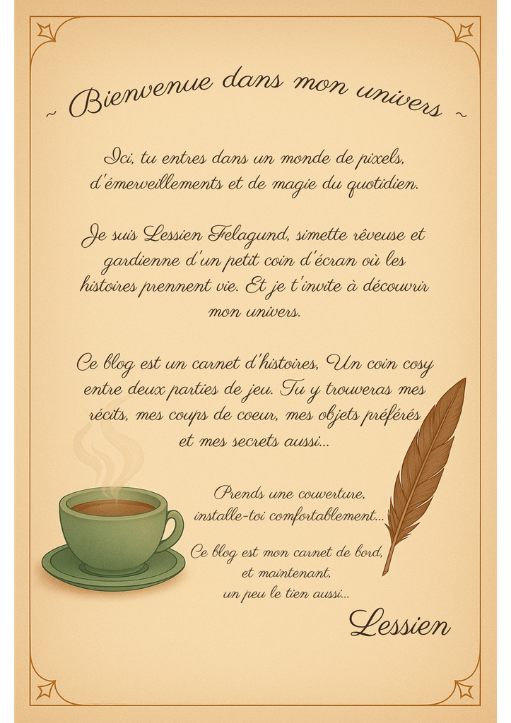 Lettre de bienvenue sur parchemin, avec une tasse fumante et une plume : « Bienvenue dans mon univers. Ici, tu entres dans un monde de pixels, d'émerveillements et de magie du quotidien. Je suis Lessien Felagund, simette rêveuse et gardienne d'un petit coin d'écran où les histoires prennent vie. Et je t'invite à découvrir mon univers. Ce blog est un carnet d'histoires, un coin cosy entre deux parties de jeu. Tu y trouveras mes récits, mes coups de cœur, mes objets préférés et mes secrets aussi… Prends une couverture, installe-toi confortablement… Ce blog est mon carnet de bord, et maintenant, un peu le tien aussi… » Lessien