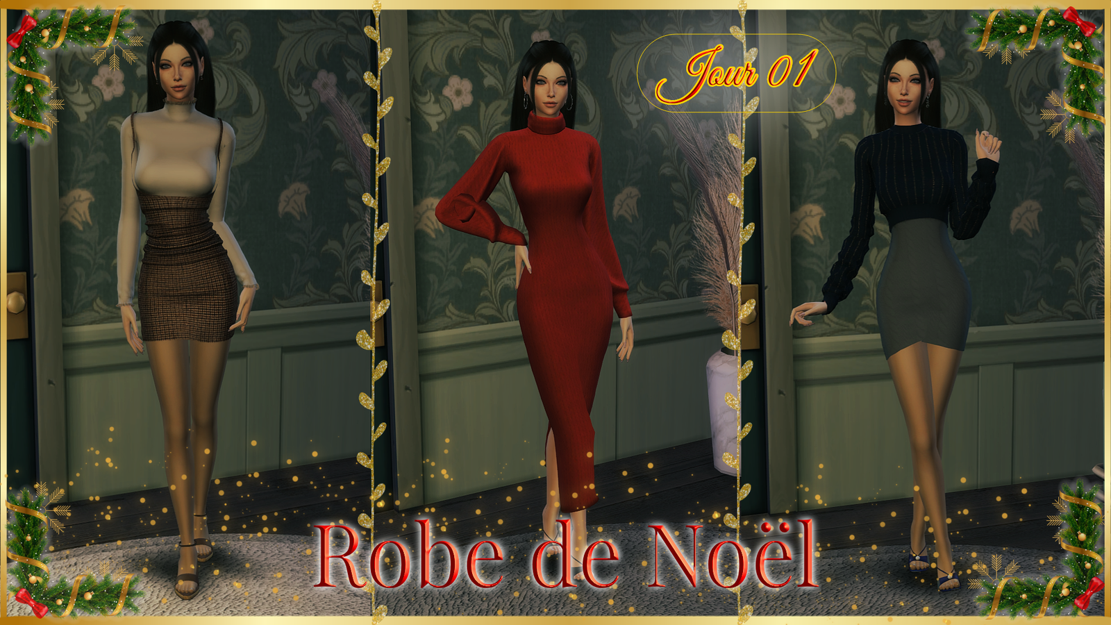 Trois robes de Noël pour les Sims 4 : une chasuble en tweed sur une blouse crème, une longue robe pull rouge à col montant et une robe courte avec un haut en maille bleu nuit
