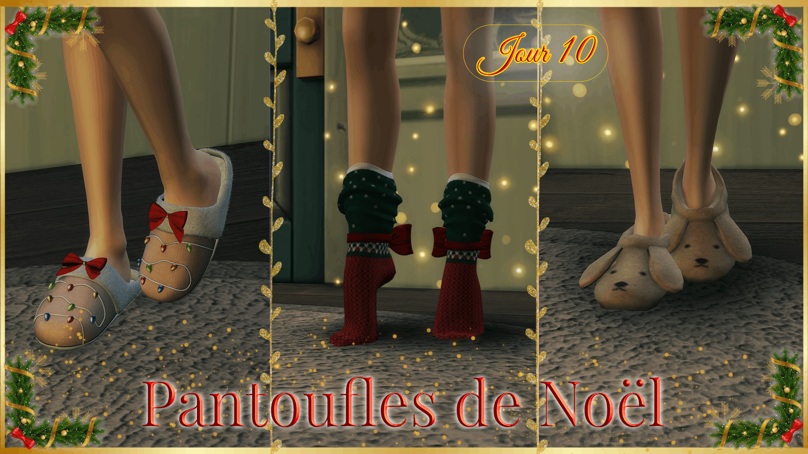 Pantoufles et chaussettes de Noël pour les Sims 4 : des pantoufles décorées d'une guirlande lumineuse et de nœuds rouges, des chaussettes vertes et rouges ornées de nœuds, et des chaussons en forme de petits chiots