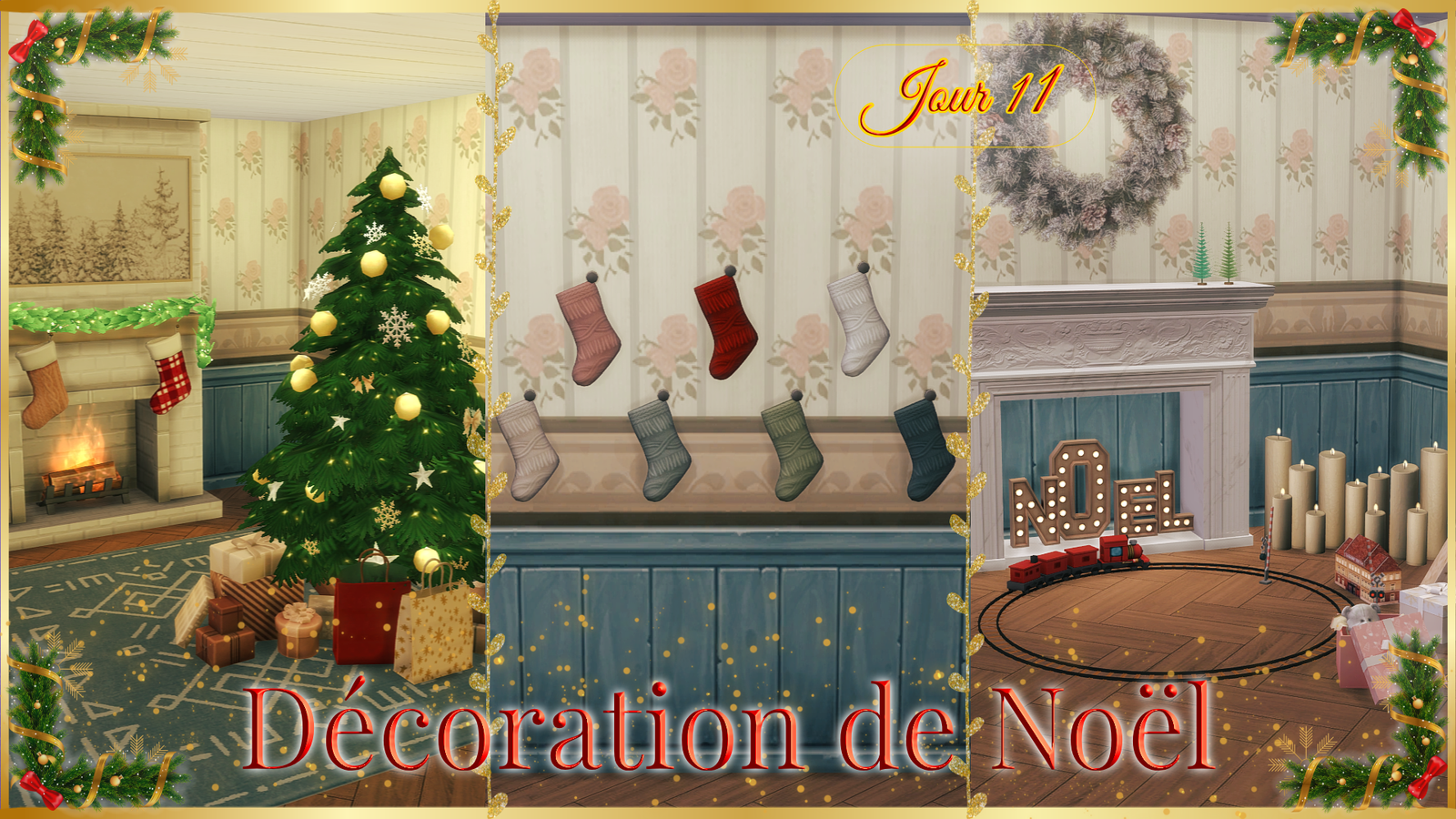 Décoration de Noël pour les Sims 4 : un sapin illuminé et ses cadeaux près d'une cheminée, des chaussettes de Noël tricotées de toutes les couleurs, et une cheminée blanche avec des lettres lumineuses « NOËL » et un train miniature