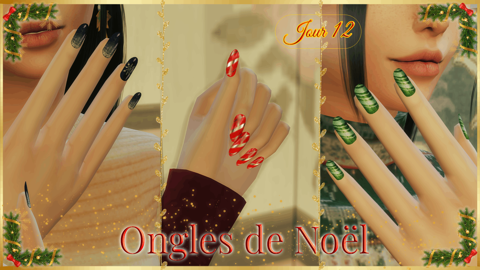 Trois manucures de Noël pour les Sims 4 : des ongles noirs pailletés ornés d'un flocon, des ongles sucre d'orge rouge et blanc rehaussés d'or, et des ongles verts à rayures