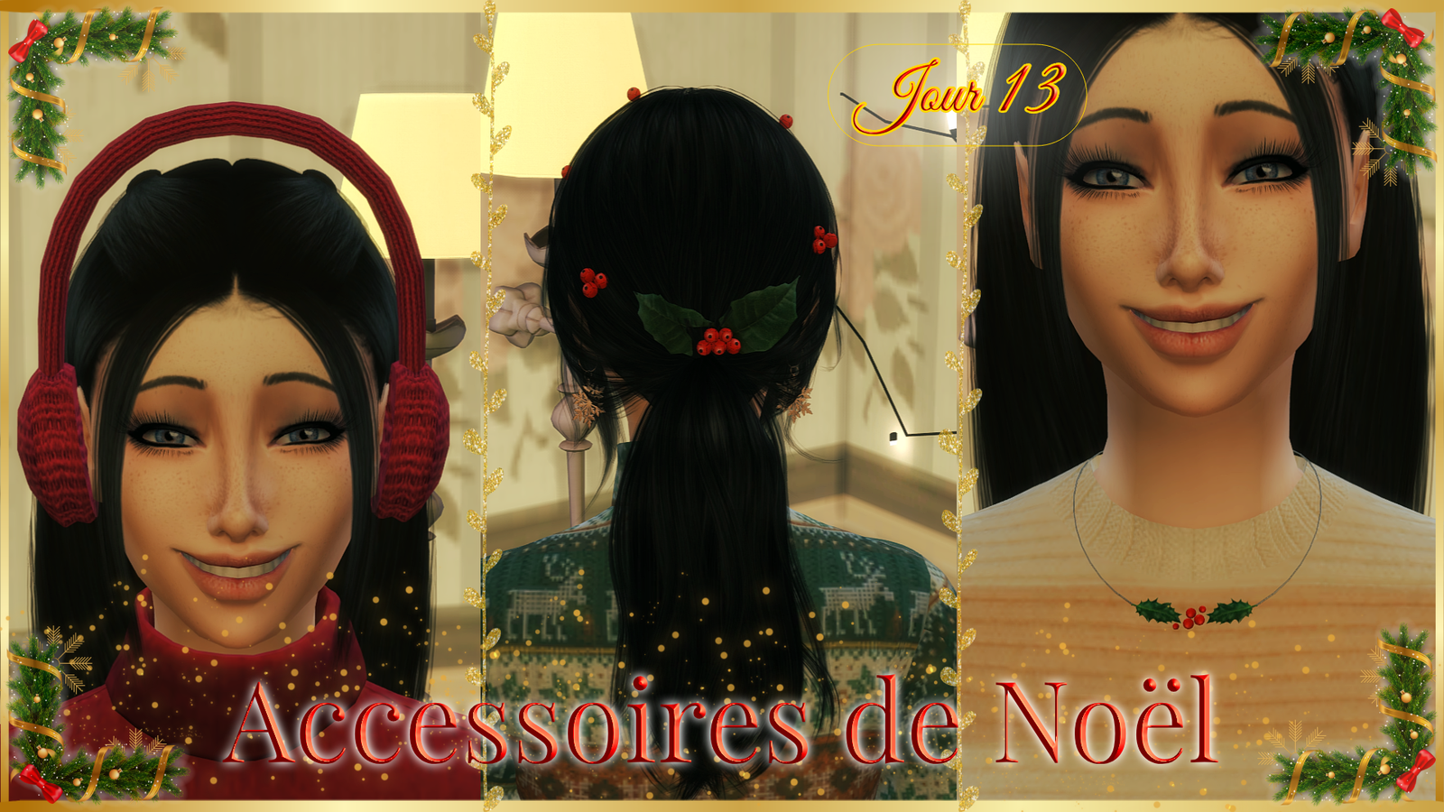 Accessoires de Noël pour les Sims 4 : des cache-oreilles rouges en tricot, des barrettes de houx aux baies rouges dans les cheveux et un collier assorti à feuilles de houx