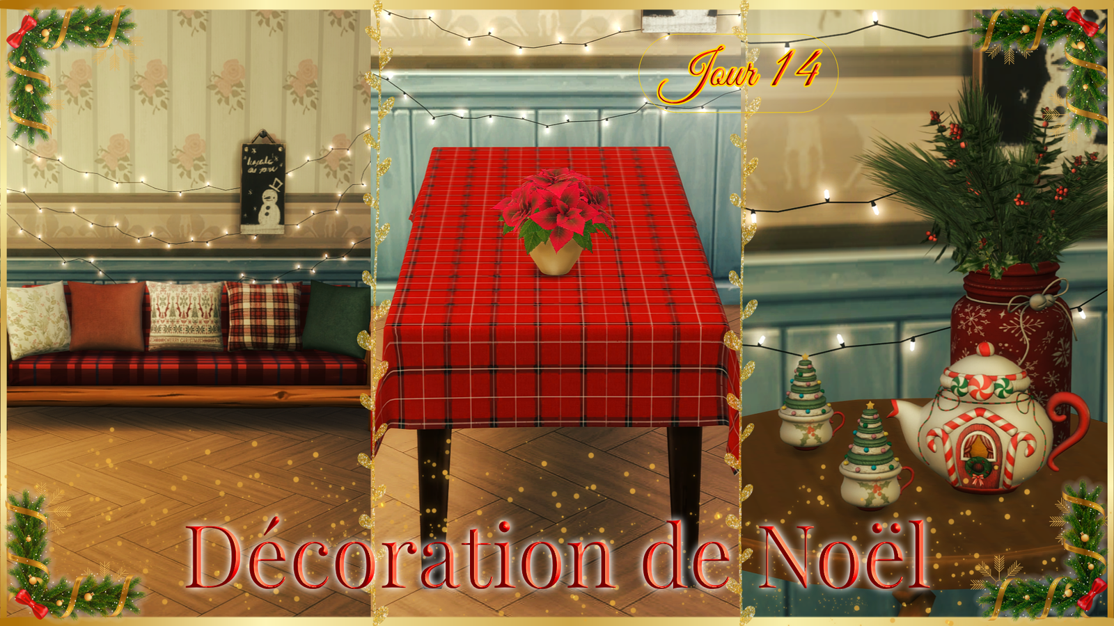 Décoration de Noël pour les Sims 4 : des coussins d'hiver sur un canapé, une table avec une nappe écossaise rouge et un poinsettia, et une théière en forme de maison en pain d'épice avec ses tasses coiffées de petits sapins