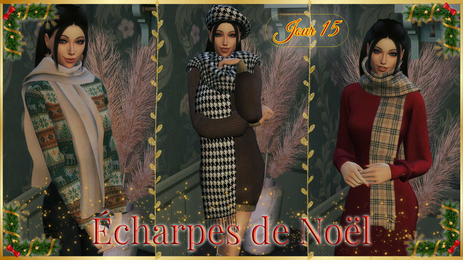 Trois écharpes de Noël pour les Sims 4 : une longue écharpe crème, une grande écharpe pied-de-poule assortie à son béret, et une écharpe à carreaux beige