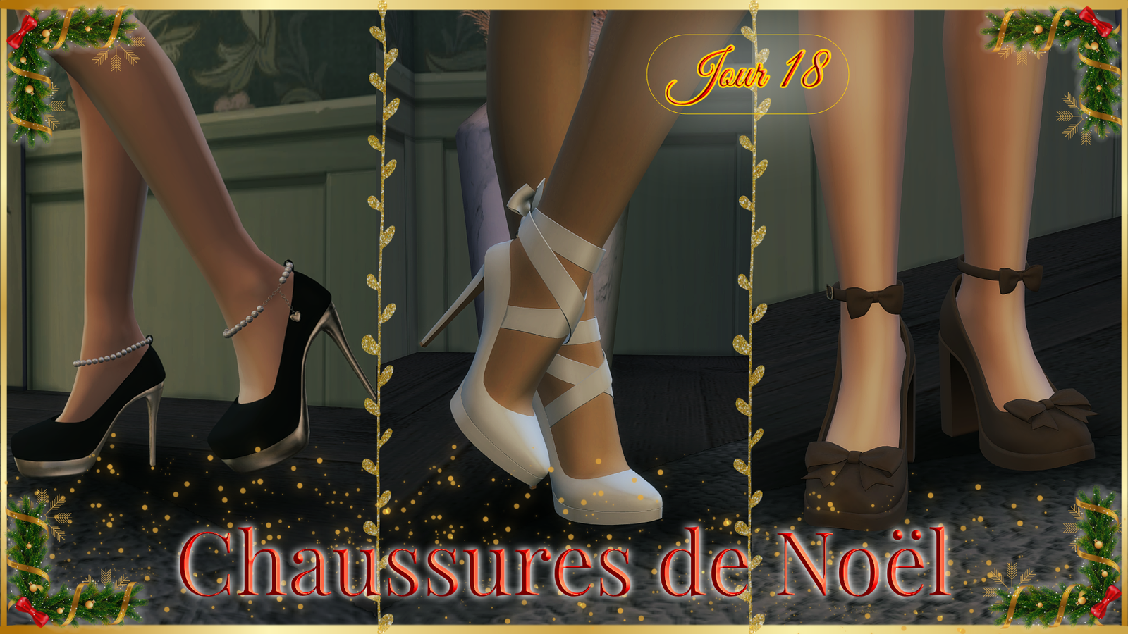 Trois paires de chaussures de Noël pour les Sims 4 : des escarpins noirs à talons argentés avec des chaînes de perles aux chevilles, des escarpins blancs noués de longs rubans, et des chaussures marron à talons carrés ornées de nœuds