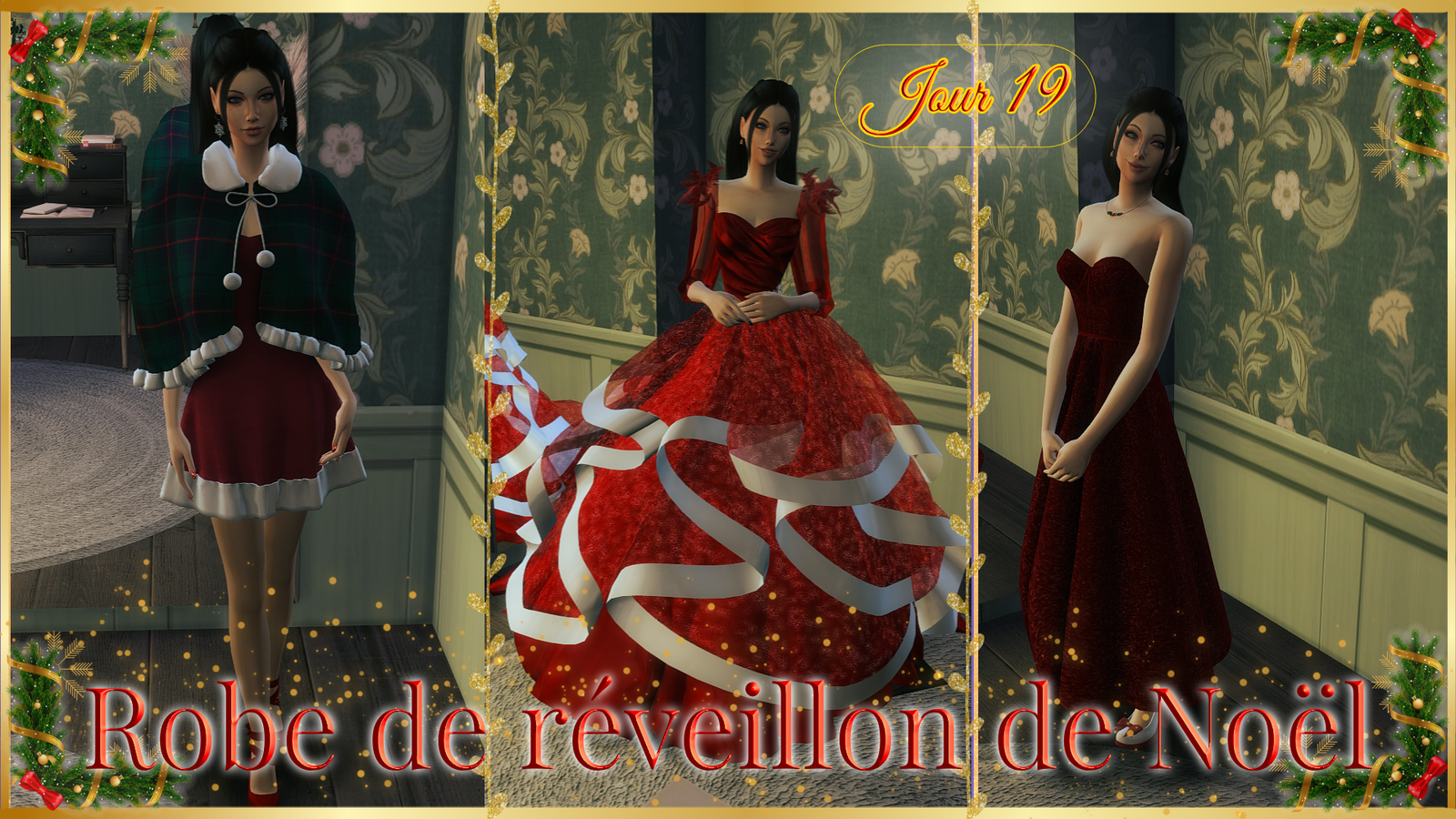 Trois robes de réveillon de Noël pour les Sims 4 : une robe rouge courte avec sa cape écossaise bordée de blanc, une robe de bal rouge ornée de rubans blancs, et une longue robe bustier rouge profond scintillante