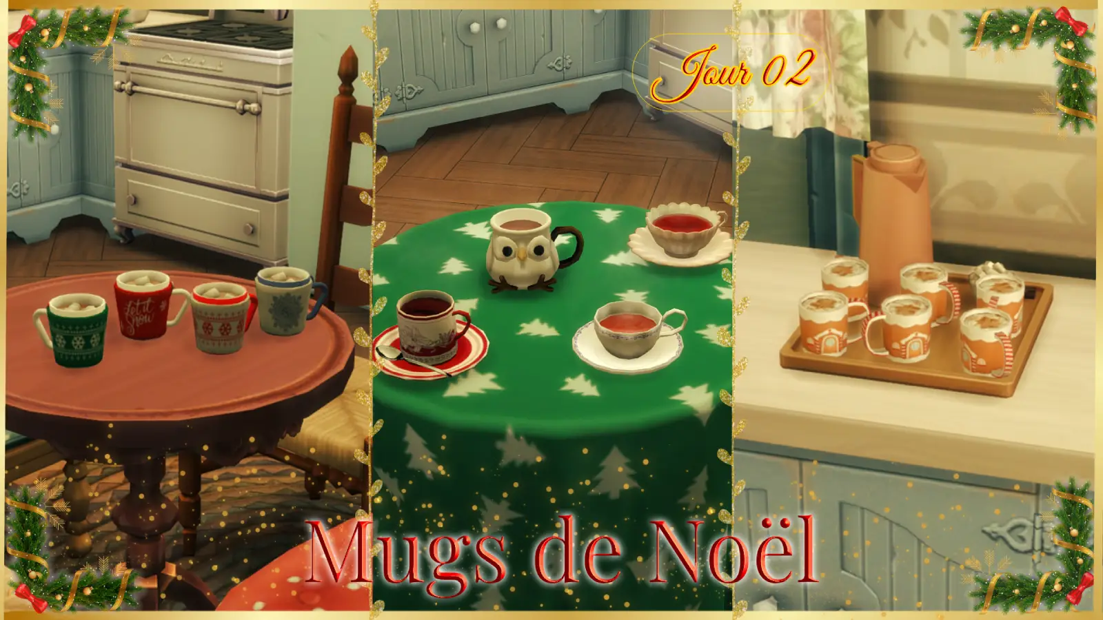 Mugs et tasses de Noël pour les Sims 4 : des mugs habillés de petits pulls tricotés, des tasses fumantes dont une chouette toute ronde et un plateau de chocolats chauds revisité aux couleurs de Noël