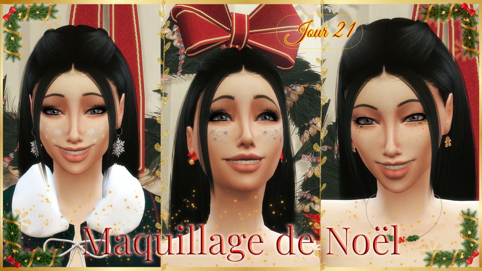 Trois maquillages de Noël pour les Sims 4 : des flocons blancs sur les joues, de petits flocons colorés plus discrets mêlés aux taches de rousseur, et des paillettes dorées sous les yeux