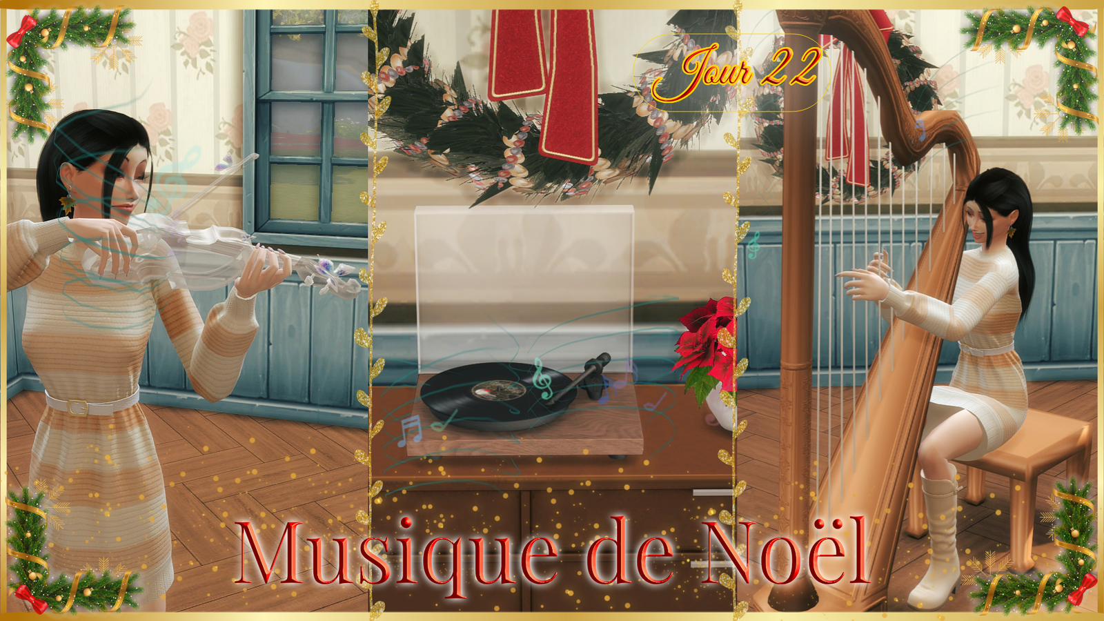 Musique de Noël pour les Sims 4 : Lessien au violon transparent, un tourne-disque sous une couronne de Noël, et Lessien à la grande harpe