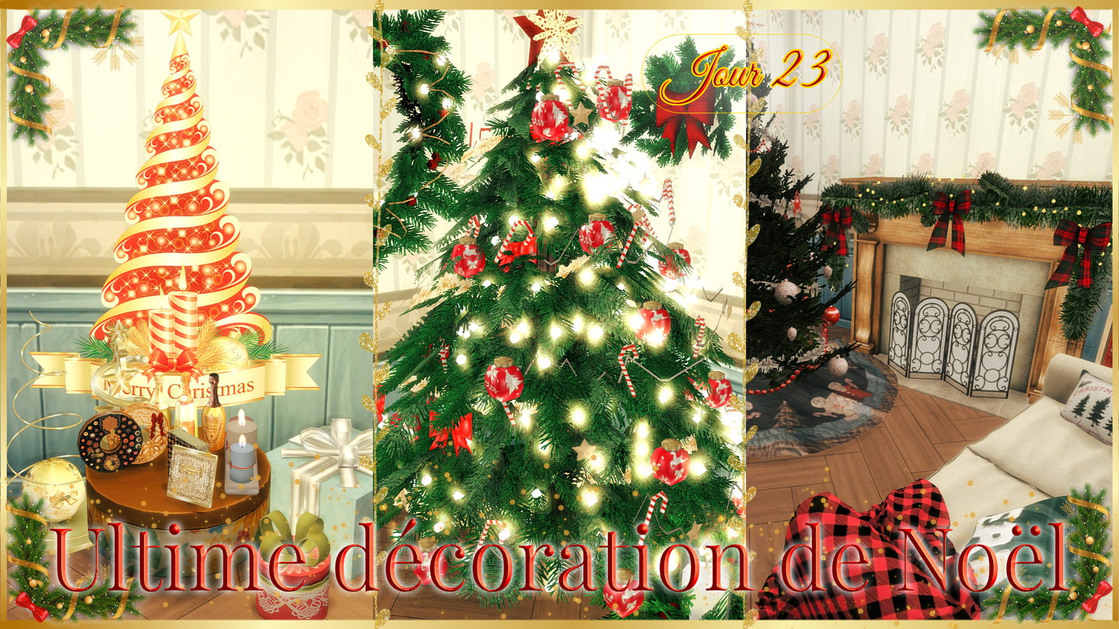 Ultime décoration de Noël pour les Sims 4 : un sapin mural doré avec des boîtes de chocolats, un grand sapin illuminé orné de boules rouges et de sucres d'orge, et une cheminée au pare-feu en fer forgé décorée d'une guirlande à nœuds écossais