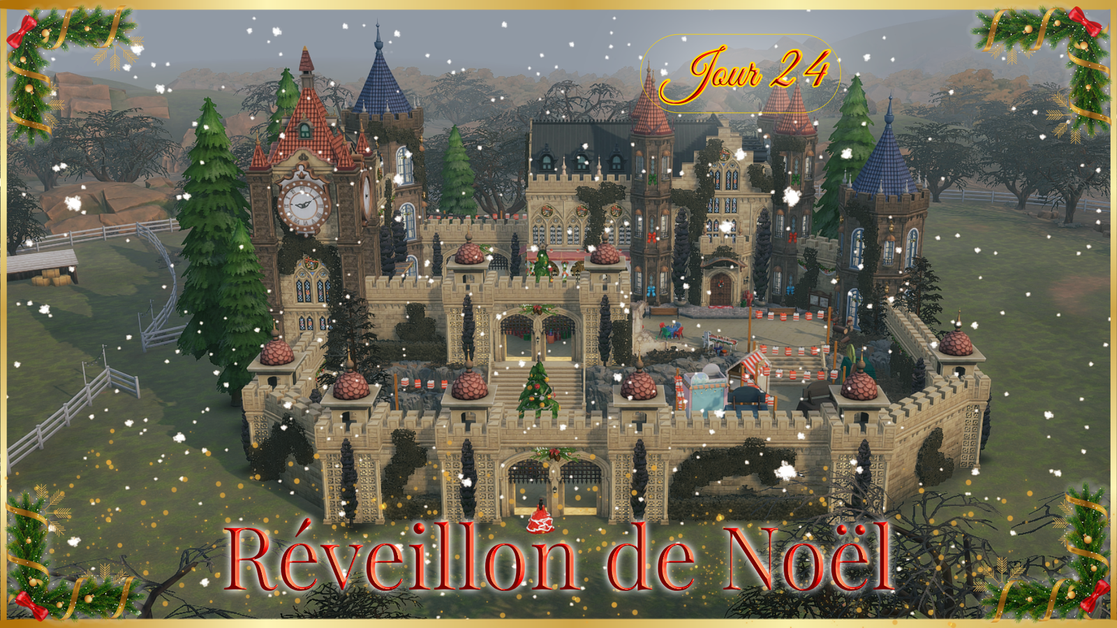 Réveillon de Noël dans les Sims 4 : un immense château aux tours colorées transformé en marché royal de Noël, avec ses guirlandes, son sapin sur le grand escalier et ses étals sous la neige