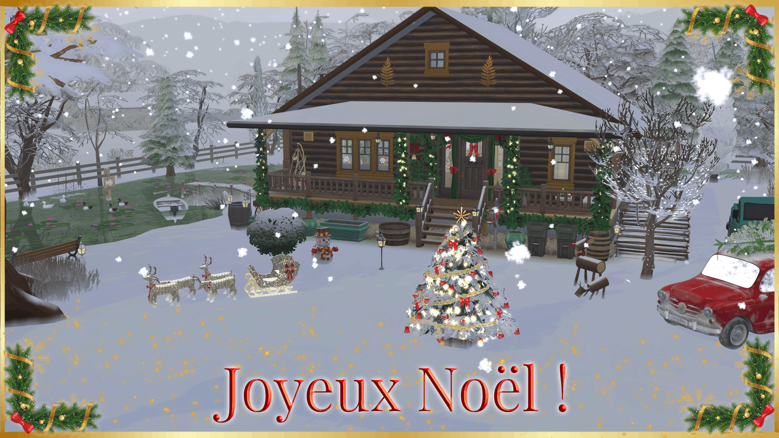 Joyeux Noël : le chalet dans les bois construit par Lessien dans les Sims 4, décoré avec les CC du calendrier, avec son sapin illuminé, ses rennes scintillants, la petite voiture rouge et son étang sous la neige
