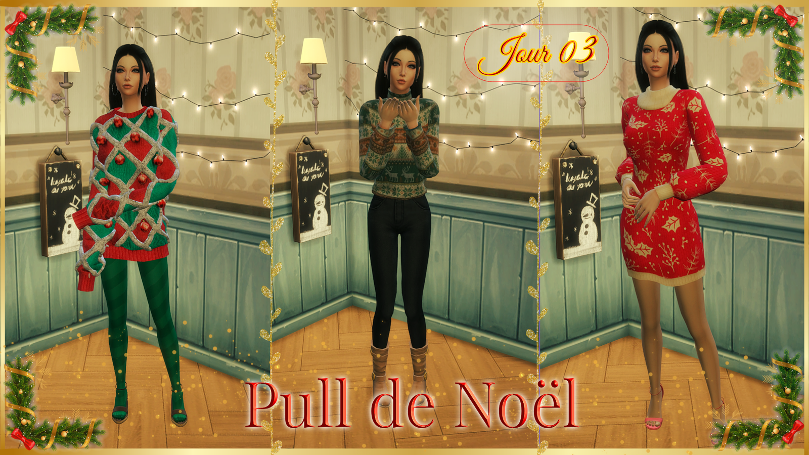 Trois pulls de Noël pour les Sims 4 : un pull volumineux orné de gros grelots rouges, un pull classique à motifs de rennes et de flocons, et une robe pull élégante à motifs d'hiver