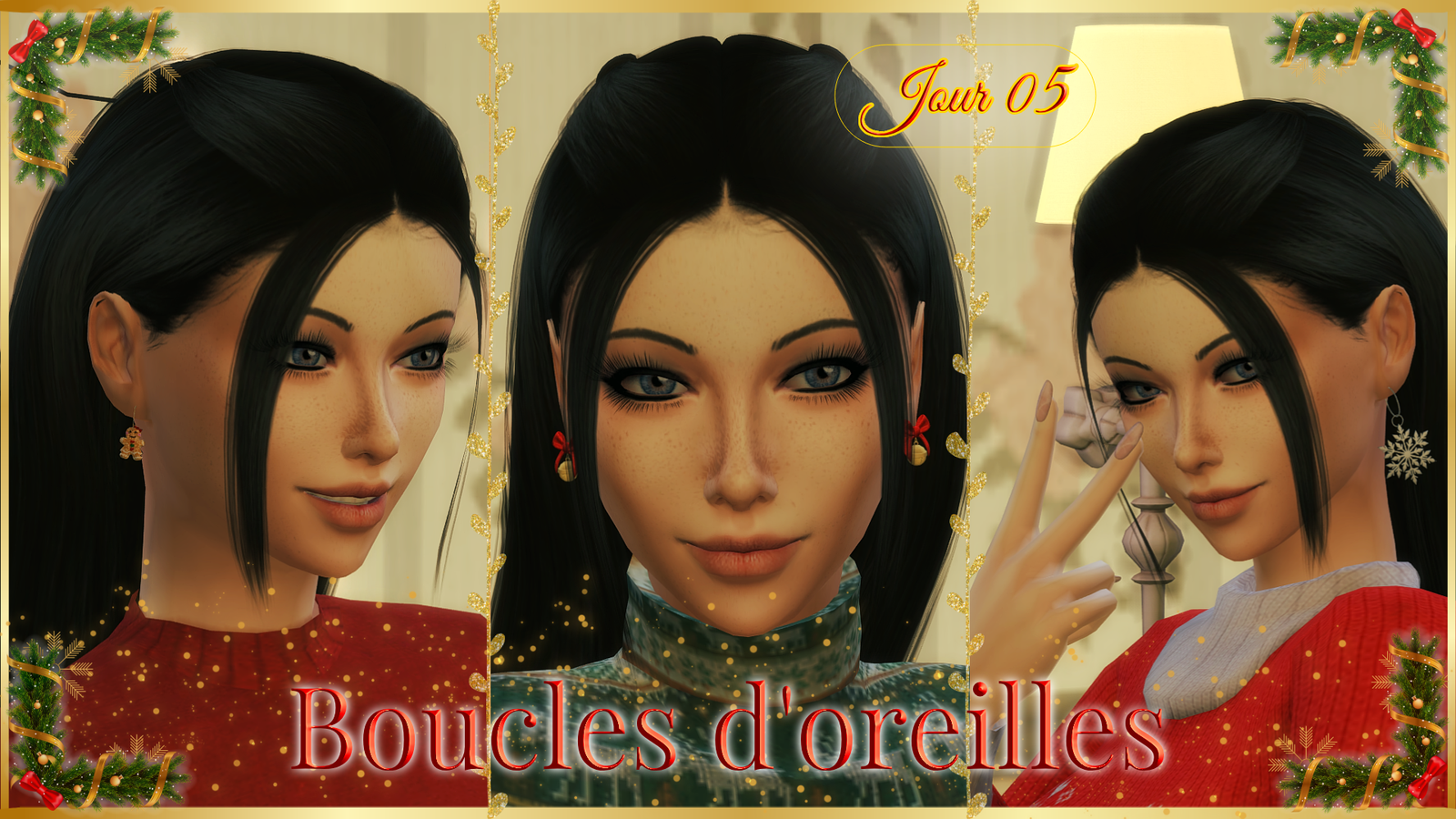 Trois paires de boucles d'oreilles de Noël pour les Sims 4 : des petits bonshommes en pain d'épice, des grelots dorés ornés de nœuds rouges et des flocons de neige argentés