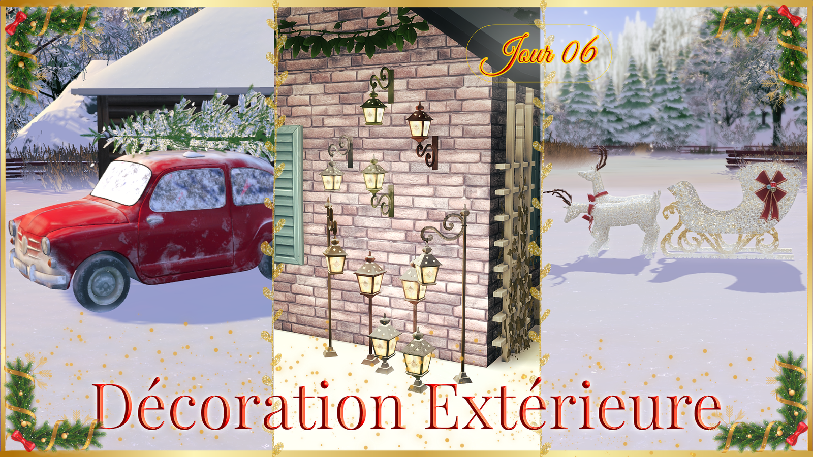 Décorations de Noël d'extérieur pour les Sims 4 : une petite voiture rouge givrée qui transporte un sapin, des lanternes murales et sur pied, et un traîneau scintillant avec deux rennes ornés de rubans rouges