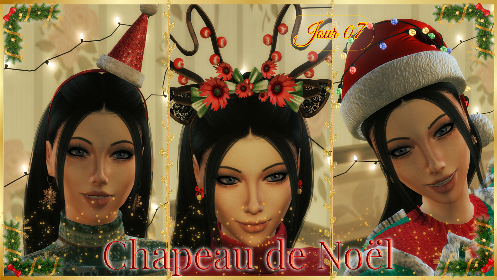 Trois chapeaux de Noël pour les Sims 4 : un serre-tête avec un petit bonnet de Père Noël pailleté, des bois de renne ornés de baies rouges et de fleurs, et un bonnet de Père Noël entouré d'une guirlande lumineuse multicolore