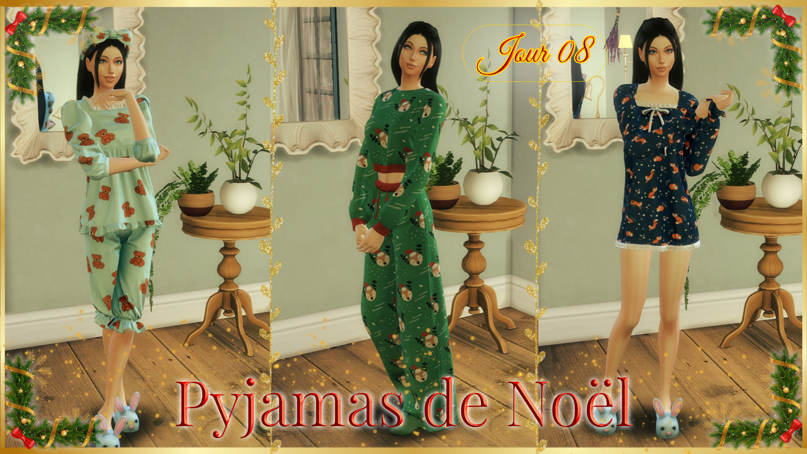 Trois pyjamas de Noël pour les Sims 4 : un ensemble vert d'eau à motifs nounours avec son bandeau assorti, un pyjama vert à motifs de rennes et une nuisette bleu nuit à motifs de renards
