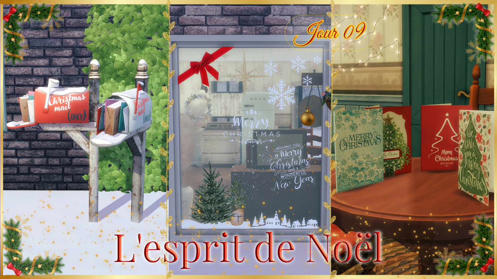 L'esprit de Noël pour les Sims 4 : des boîtes aux lettres enneigées débordantes de lettres et de colis, une fenêtre décorée d'autocollants de flocons et d'un nœud rouge, et des cartes de vœux