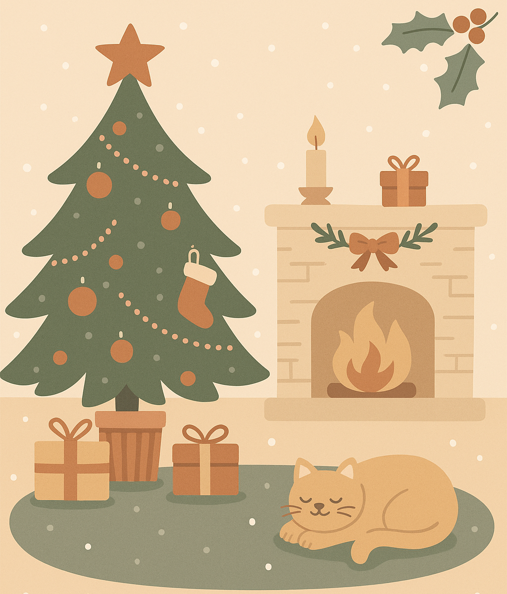 Calendrier de l'Avent 2025 : illustration d'un salon de Noël douillet avec un sapin décoré, des cadeaux, une cheminée allumée et un chat endormi sur le tapis