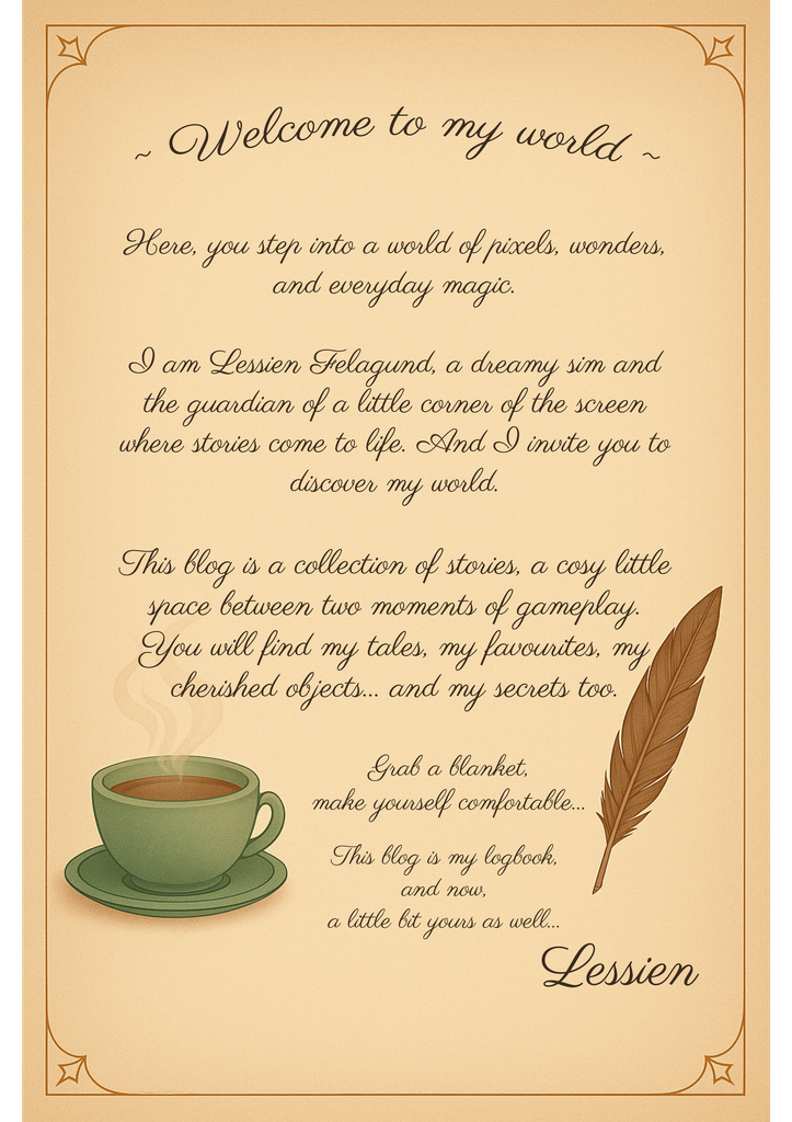 Lettre de bienvenue sur parchemin, avec une tasse fumante et une plume : « Bienvenue dans mon univers. Ici, tu entres dans un monde de pixels, d'émerveillements et de magie du quotidien. Je suis Lessien Felagund, simette rêveuse et gardienne d'un petit coin d'écran où les histoires prennent vie. Et je t'invite à découvrir mon univers. Ce blog est un carnet d'histoires, un coin cosy entre deux parties de jeu. Tu y trouveras mes récits, mes coups de cœur, mes objets préférés et mes secrets aussi… Prends une couverture, installe-toi confortablement… Ce blog est mon carnet de bord, et maintenant, un peu le tien aussi… » Lessien